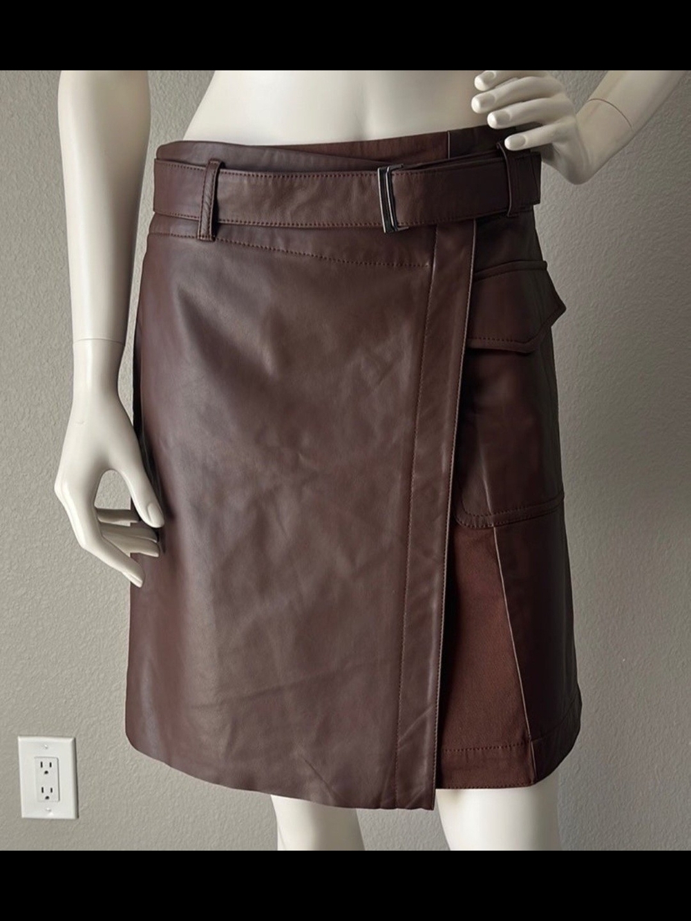 MaxMara Weekend Deep Brown Leather Wrap Skirt with Belt Detail